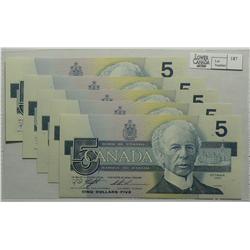 1986  Five Dollars  Lot, BC-56d, Gem UNC, Knight Thiessen, serial ANH9517813-15-50-51-52-56. Lot of 