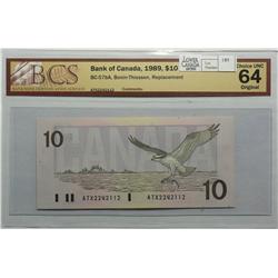 1989  Ten Dollars  Replacement, BC-57bA, BCS UNC-64, Bonin Thiessen, serial ATX2242112.