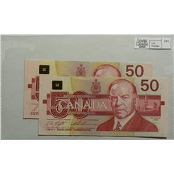 1991  Fifty Dollars  Changeover, BC-59b, EF, Bonin Thiessen, serial FHS5430122 & BC-59c, AU+, Thiess