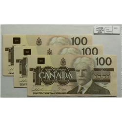 1988, One Hundred Dollars, BC60a-i, 3 Consecutive notes, UNC, Thiessen Crow, serials AJZ73440632, 63
