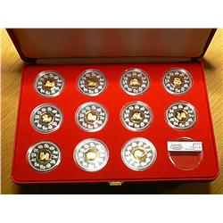 1998 - 2009, Chinese Lunar set, $15.00 Silver coins, Complete but missing Ox 2009, with Red Velvet C