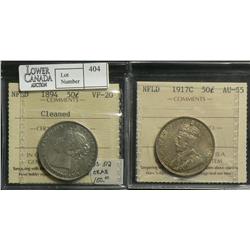 Newfoundland 50 Cents 1894, graded ICCS VF-20 cleaned, 1917C, graded ICCS AU-55. Lot of 2 coins.