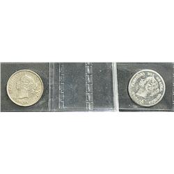 5 Cents 1872H, graded ICCS VF-30 & 1883H, graded ICCS VF-20; Cleaned. Lot of 2 coins.