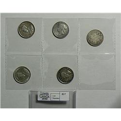 25 Cents 1872H, 1880 Narrow, 1919, 1935, 1944, grades from G - VF. Lot of 5 coins.