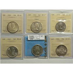 50 Cents 1957 CCCS AU-50, 1962 ICCS MS-64, 1963 ICCS MS-65, 1964 ICCS MS-65 Cam, 1966 ICCS MS-65, 19