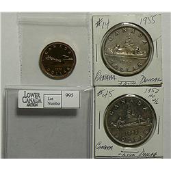 Dollar 1952, grade AU; No Water Line, 1955, grade MS; Full Water Lines, 1996, grade SP. Lot of 3 coi