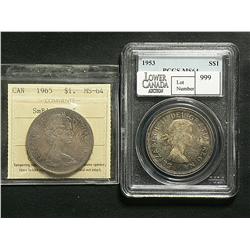 Dollar 1953, graded PCGS MS-64 Shoulder Fold, 1965 graded ICCS MS-64, Small Beads Pointed 5.