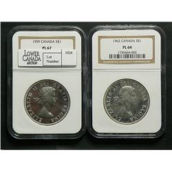 Dollar 1959 graded NGC PL-67 & 1962 graded NGC PL-64. Lot of 2 coins.