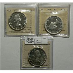 Dollar 1959 graded ICCS PL-65 Cameo, 1961 graded ICCS PL-65 Heavy Cameo, 1963 graded ICCS PL-62 Came