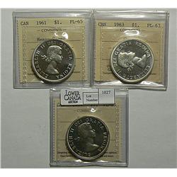 Dollar 1959 graded ICCS PL-65 Cameo, 1961 graded ICCS PL-65 Heavy Cameo, 1963 graded ICCS PL-63 Came