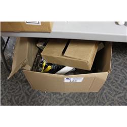 BOX OF ASSORTED HANDLES & CLEANING SUPPLIES &