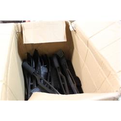 BOX OF ICE SCRAPERS -  BACK PACKS AND CLOTHING