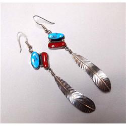 Navajo Silver Turquoise Coral Pierced Earrings