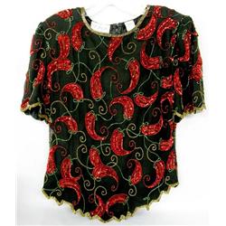 Scala Sequin Bead on Silk Chili Pepper Blouse