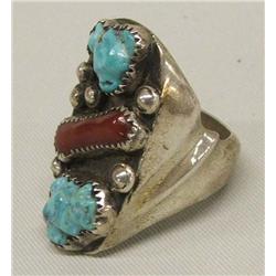 Silver, Turquoise, Coral Ring Size 11