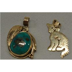 2 14KT Gold Pendants Cat and Leaf W/Turquoise