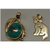 Image 1 : 2 14KT Gold Pendants Cat and Leaf W/Turquoise