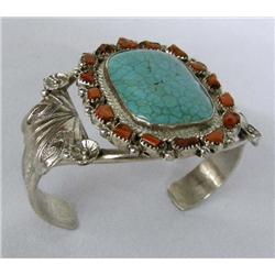 Navajo Silver Turquoise Coral Bracelet by Galvin