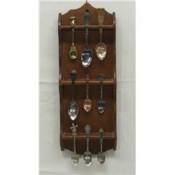 Vintage Spoon Rack and 9 Collector Spoons