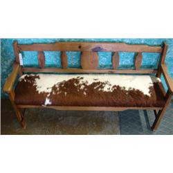 Wood Bench With Cowhide Covered Seat MUST PICK UP