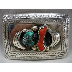 Navajo Turquoise Coral Silver Belt Buckle Hallmark