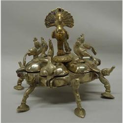 Six Legged Brass Face Paint Box With Peacock Motif