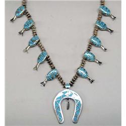 1960s Zuni Inlay Turquoise Squash Blossom Necklace