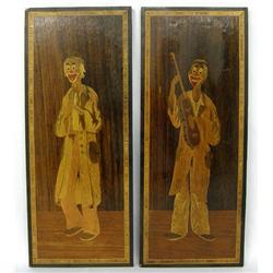 Pair of Wood Marquetry Pictures of Musical Clowns