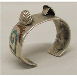 Silver Watch Bracelet W/Coral and Turquoise Inlay