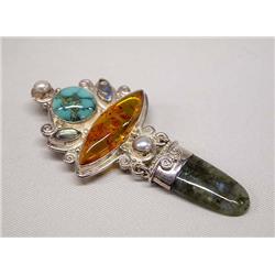 Silver, Amber, Pearl, Turq, Pietersite Pin/Pendant