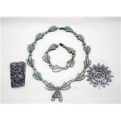 3 Mexican Jewelry: Silver Pendant, Pin, Necklace