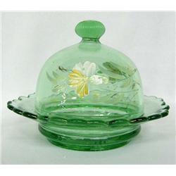Vintage Hand Painted Green Glass Covered Butter Dish