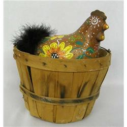 Hand Painted Pottery Chicken in a Basket