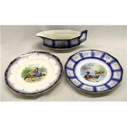 3 Antique Sterling China Flow Blue Plates & Gravy