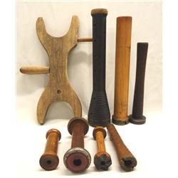 7 Antique Wood Bobbins Plus Wood Yarn Tool