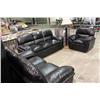 Image 2 : 3 PIECE BLACK LEATHER OVERSTUFFED COUCH SET