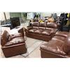 Image 3 : 3 PIECE BROWN OVERSTUFFED LEATHER COUCH SET