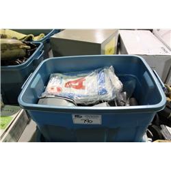 BIN OF MISC CLEANING PRODUCT & WALKIE TALKIE