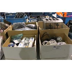 4 BINS OF MISC ELECTRICAL & CUSHIONS