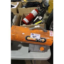 SHOP HEATER & BOX OF TOOLS