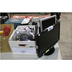 2 COMPUTER MONITORS & BOX OF HOUSEHOLD