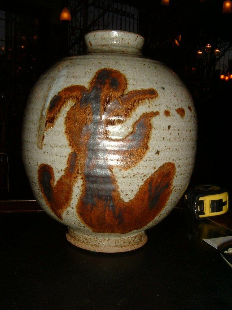 Midcentury Japanese Ceramic vase, large, glazed, w/symbols, by