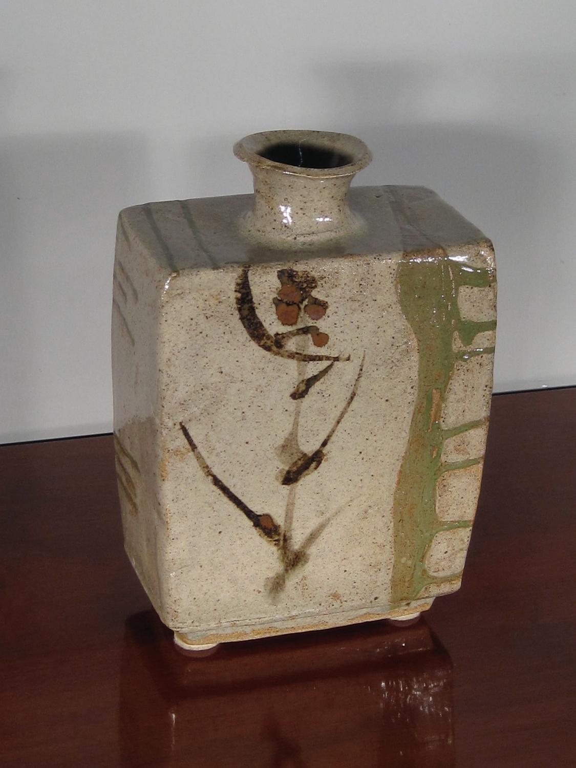 Midcentury Japanese Ceramic Vase, medium, square body,w/symbols