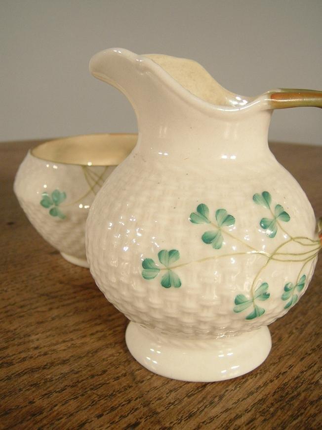 Belleek Cream and Sugar, creamer 4"high, sugar 3 3/4"h