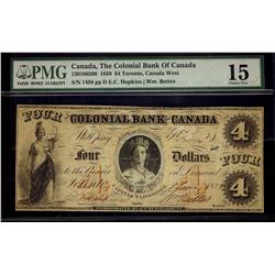 The Colonial Bank of Canada, 1859 $4 CH-130-10-02-08. PMG F15.