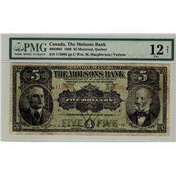 The Molsons Bank of Canada, 1908 $5 #113095, CH-490-30-02, PMG F12 Net.  Designated Splits.