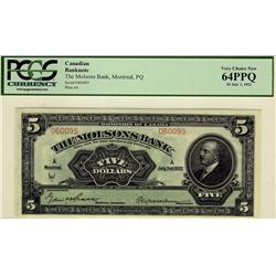 The Molsons Bank of Canada, 1922 $5 #060095, CH-490-40-02, PCGS CH UNC64PPQ.