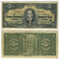 The Provincial Bank of Canada, 1936 $5 CH-615-18-04 #164648.  Rare Green Back example. A nice about 