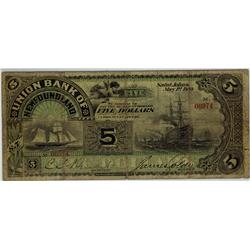 The Union Bank of Newfoundland 1889 $5 #06974 CH-750-16-04 PMG VG8. Very scarce and second best one 