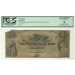 The Westmoreland Bank 1856 $1 #20838 PCGS Apparent VG8.  A nice example with missing corner.  Should